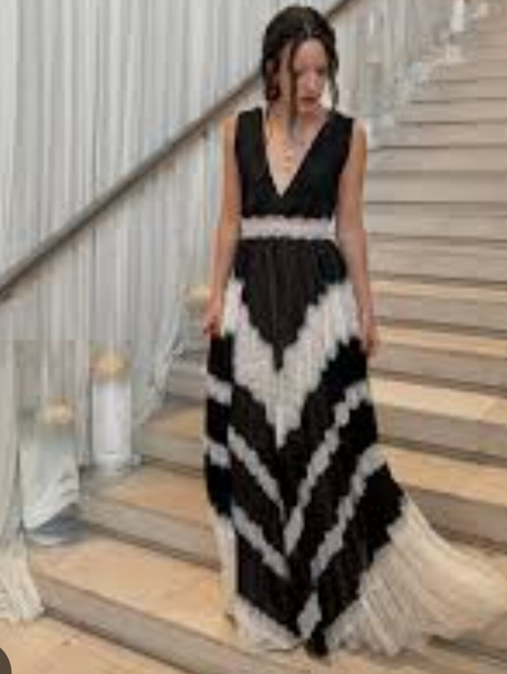 VENUS 8  Black and White V-Neck Lace Maxi/ Evening Dress